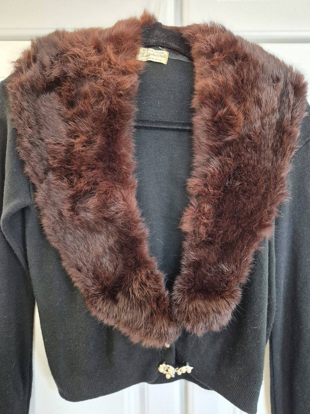 Vintage Mink Trim Black Women's Cardigan Pearl Accents 1950 Jeweled Closure